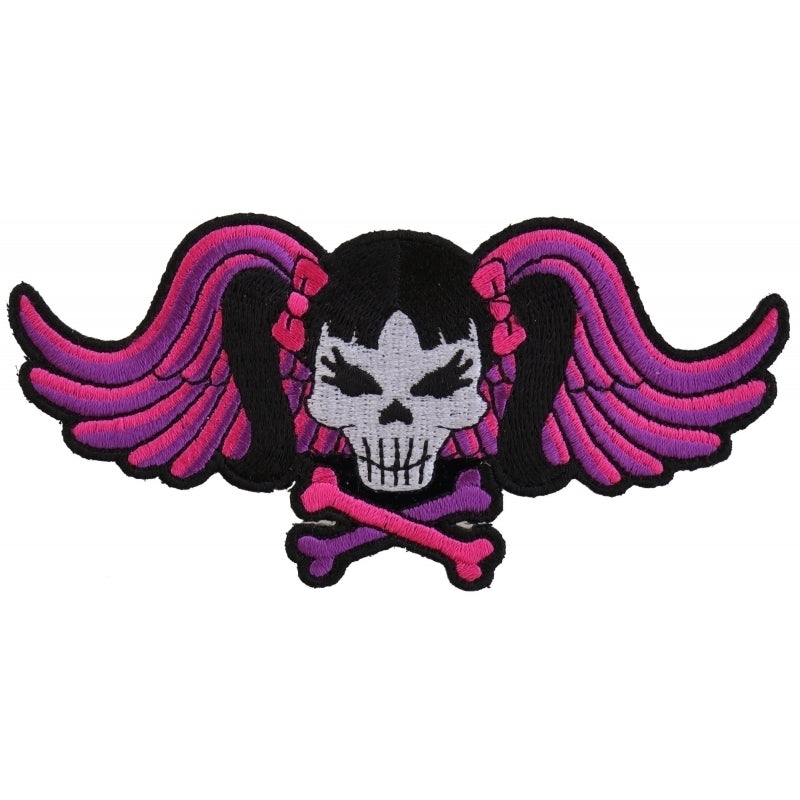 Small Pigtails Bow Skull and Wings Pink Patch